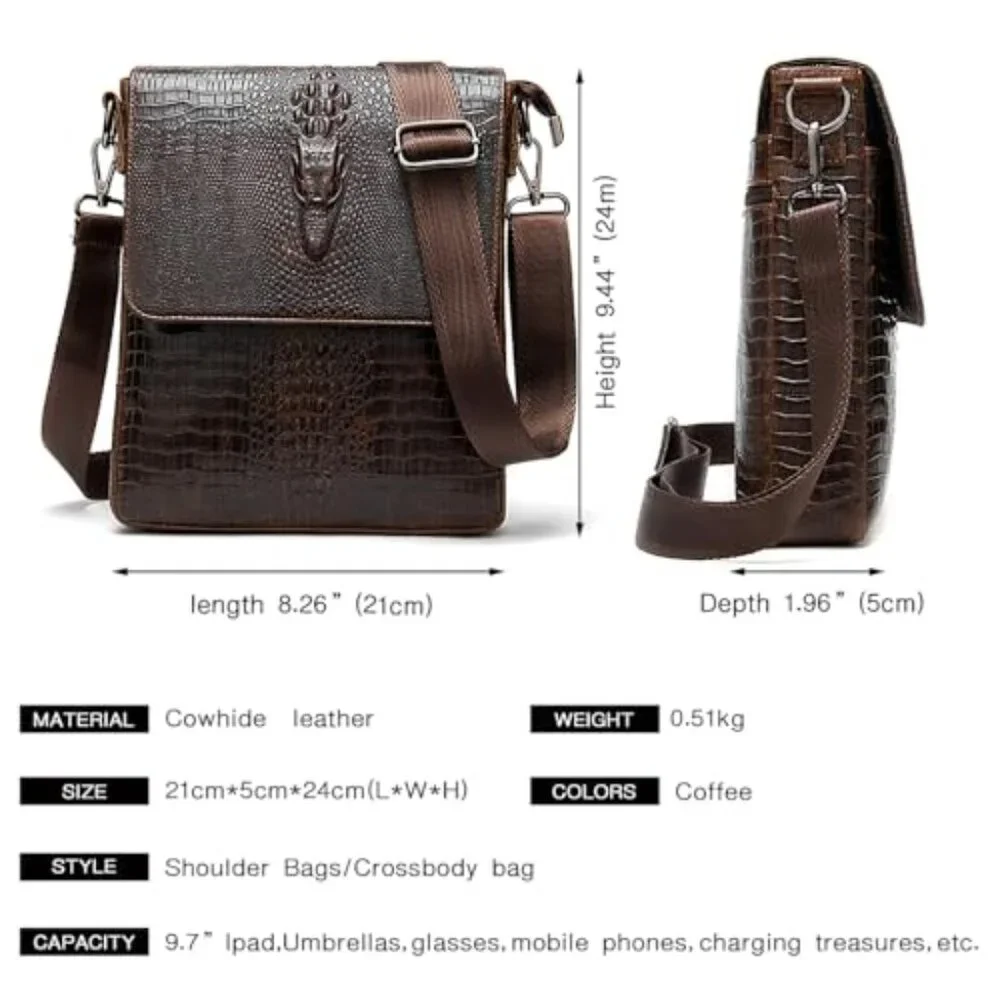 Genuine Leather Messenger Bag Crocodile Embossed Crossbody Daypack Retro